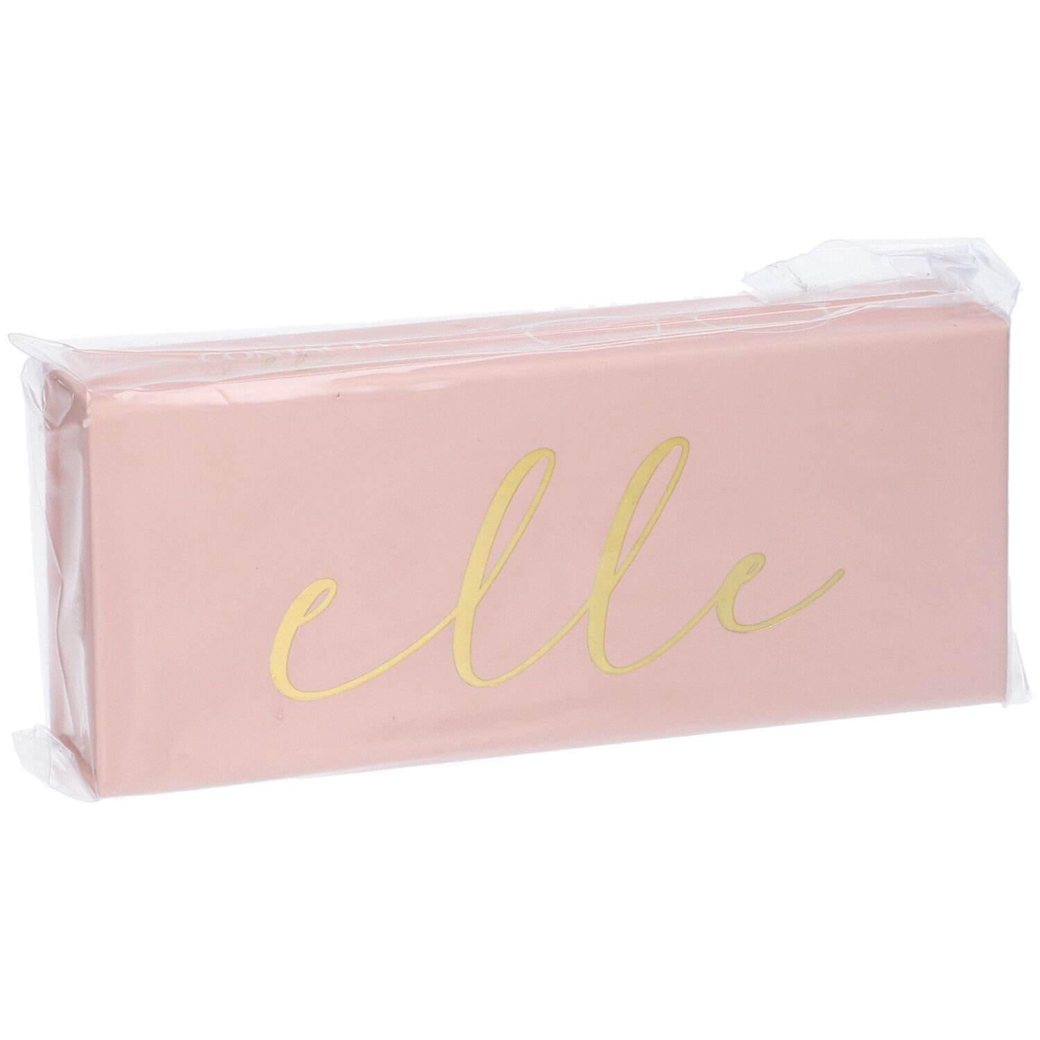 Astuccio rosa per occhiali con scritta dorata "elle", confezionato in plastica.