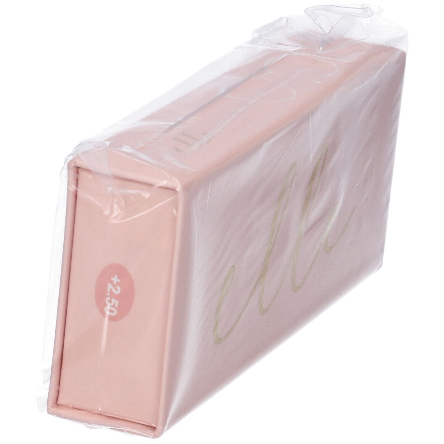 Astuccio rosa per occhiali, confezionato in pellicola. Adesivo con "+2.50" e scritta "elle".