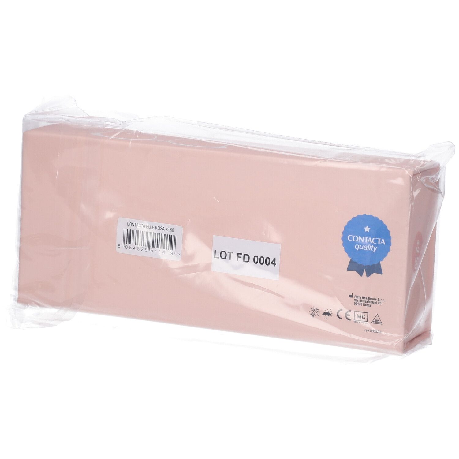 Astuccio rosa per occhiali in pellicola. Retro con etichetta, numero di lotto e marchio di qualità.