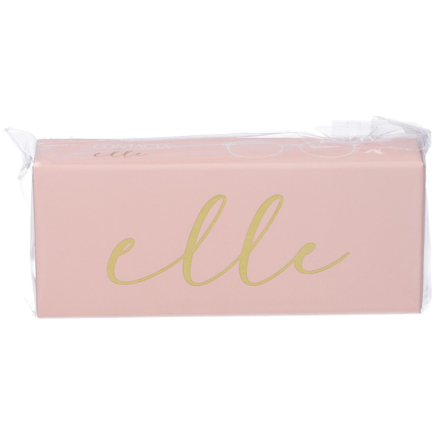 Astuccio rosa per occhiali con scritta dorata "elle". Confezionato in pellicola trasparente.