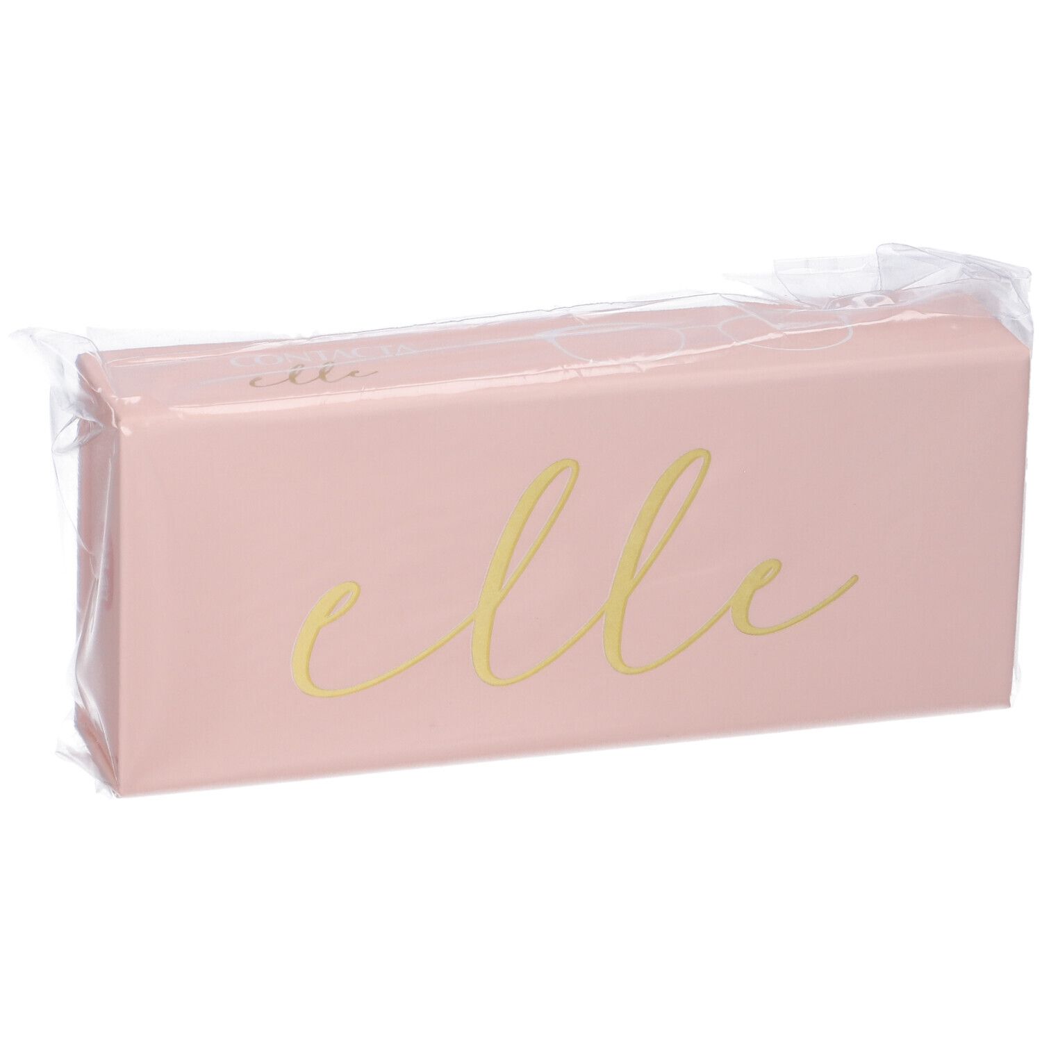 Astuccio rosa per occhiali con scritta dorata "elle". Confezionato in pellicola trasparente.