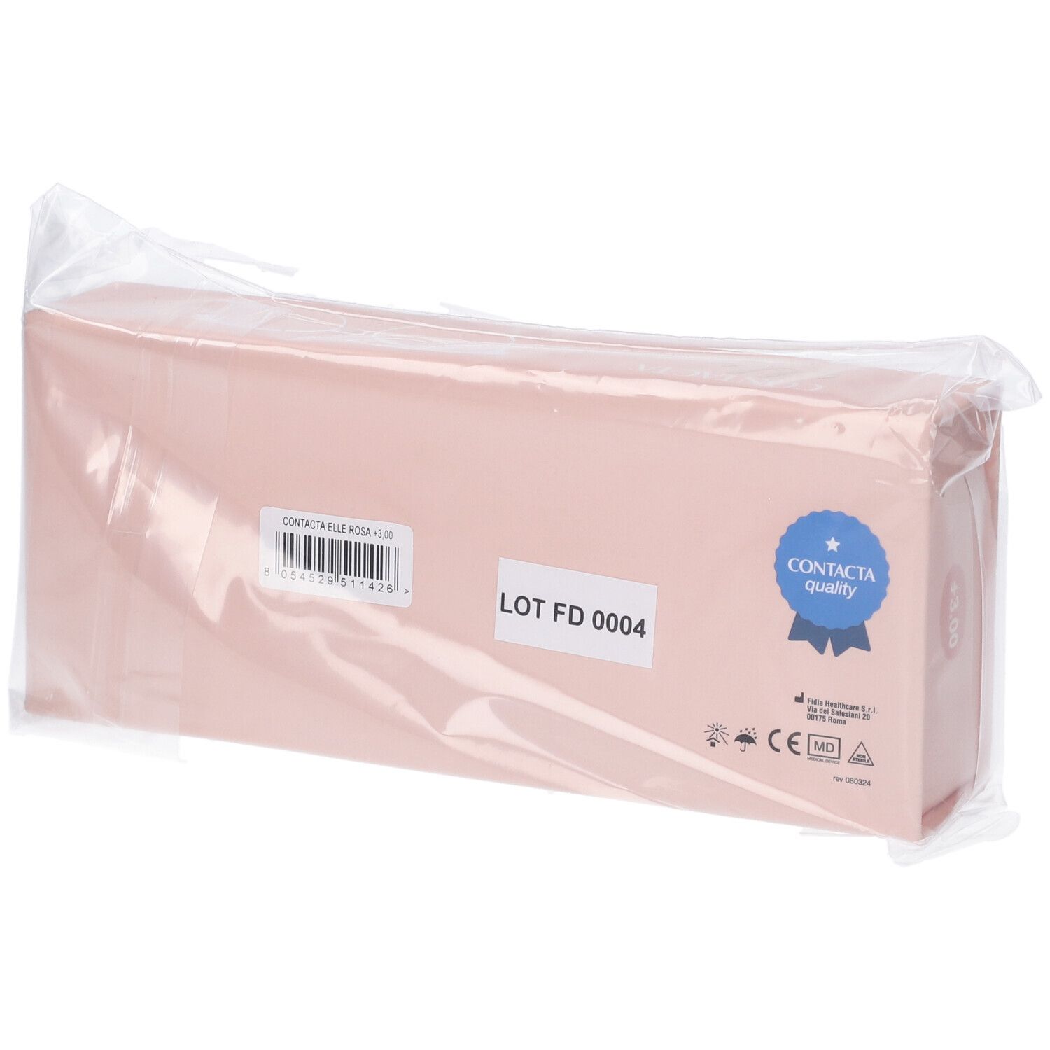 Confezione rettangolare rosa con etichetta, testo e marchio di qualità, in plastica.