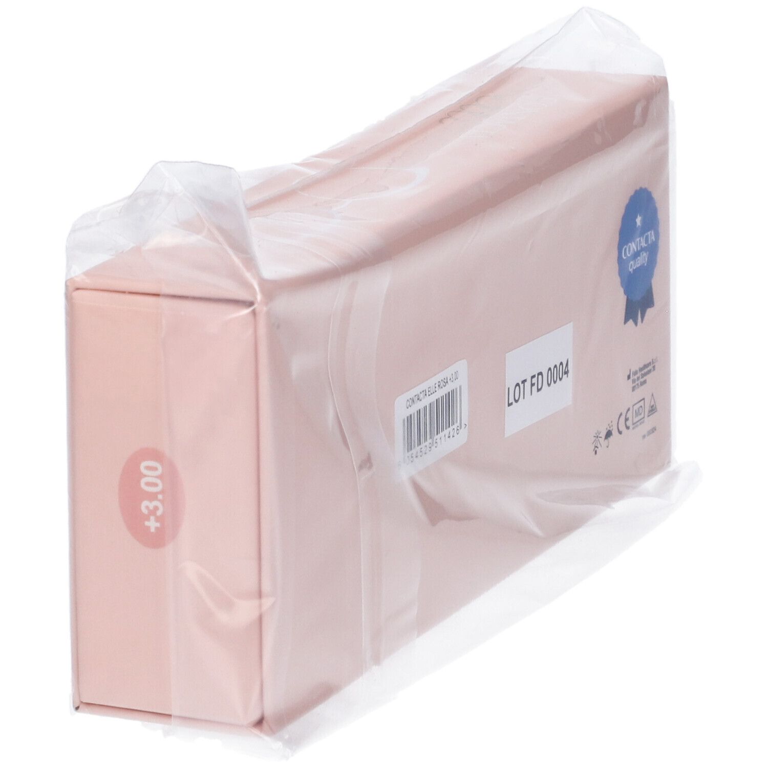 Confezione rosa con scritta +3.00 e marchio di qualità, avvolta in plastica.