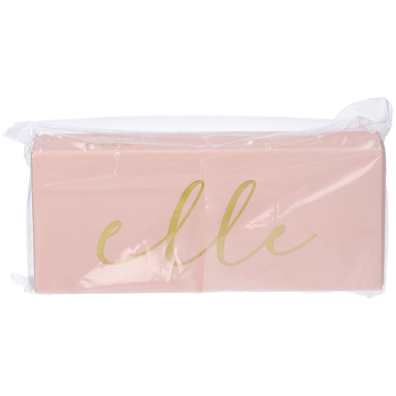 Confezione rettangolare rosa con scritta dorata "elle", avvolta in plastica.