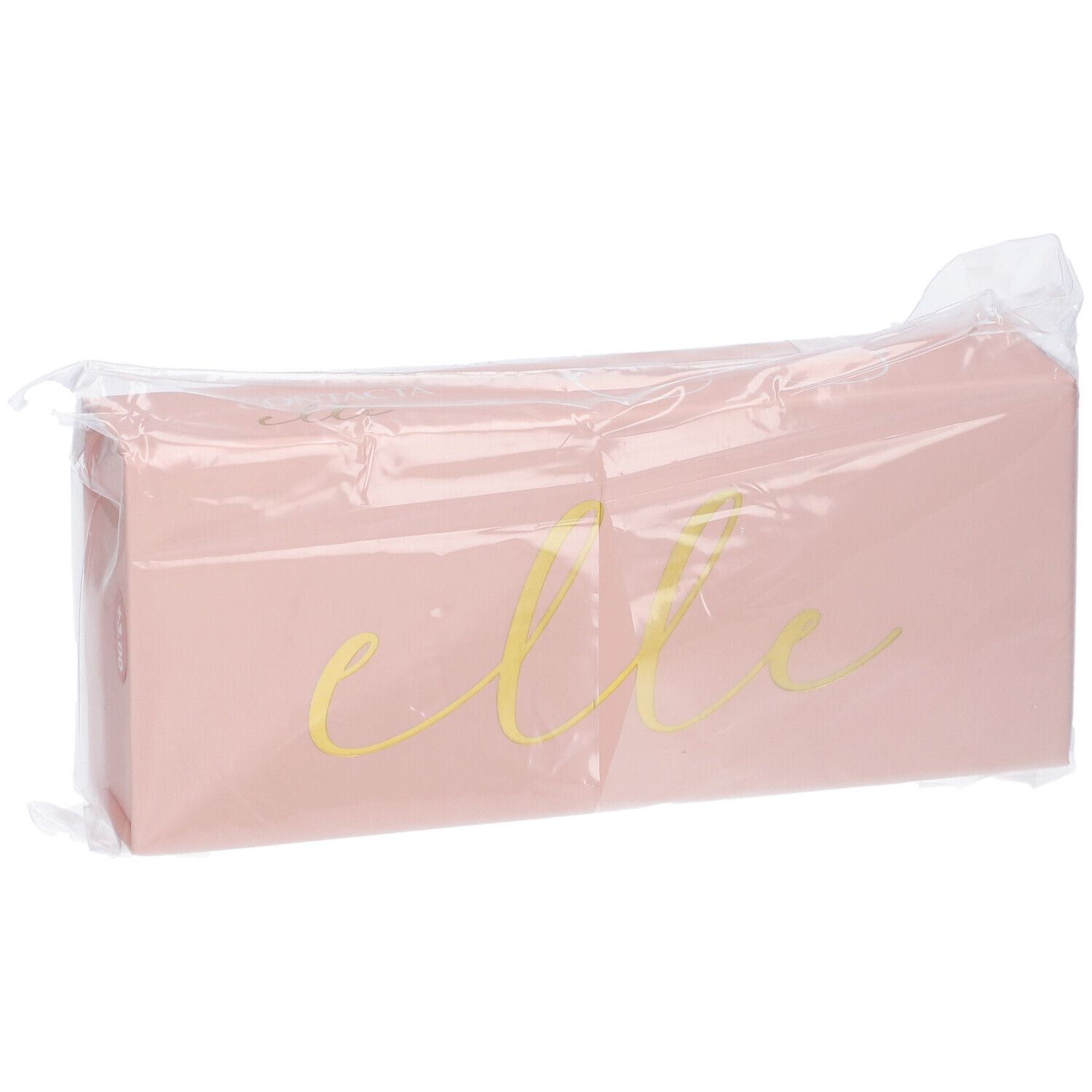 Confezione rettangolare rosa con scritta dorata "elle", avvolta in plastica.