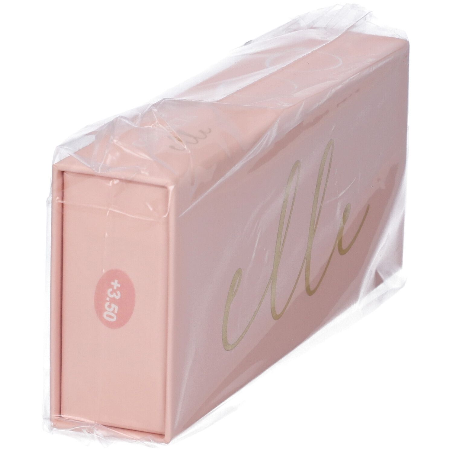 Confezione rosa con scritta dorata "elle" e adesivo +3,50, confezionata in plastica.