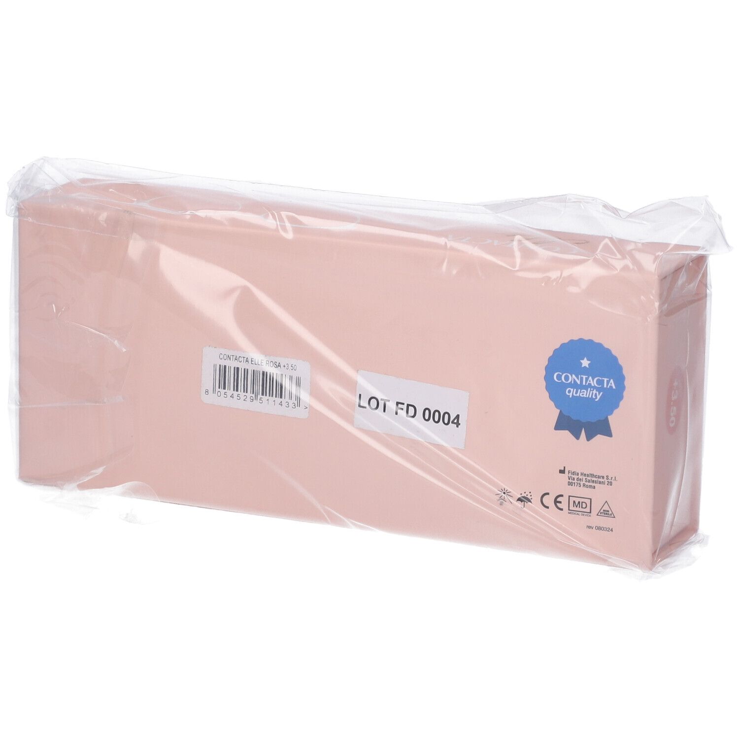 Confezione rosa con etichetta, codice a barre e sigillo "Contacta quality", confezionata.