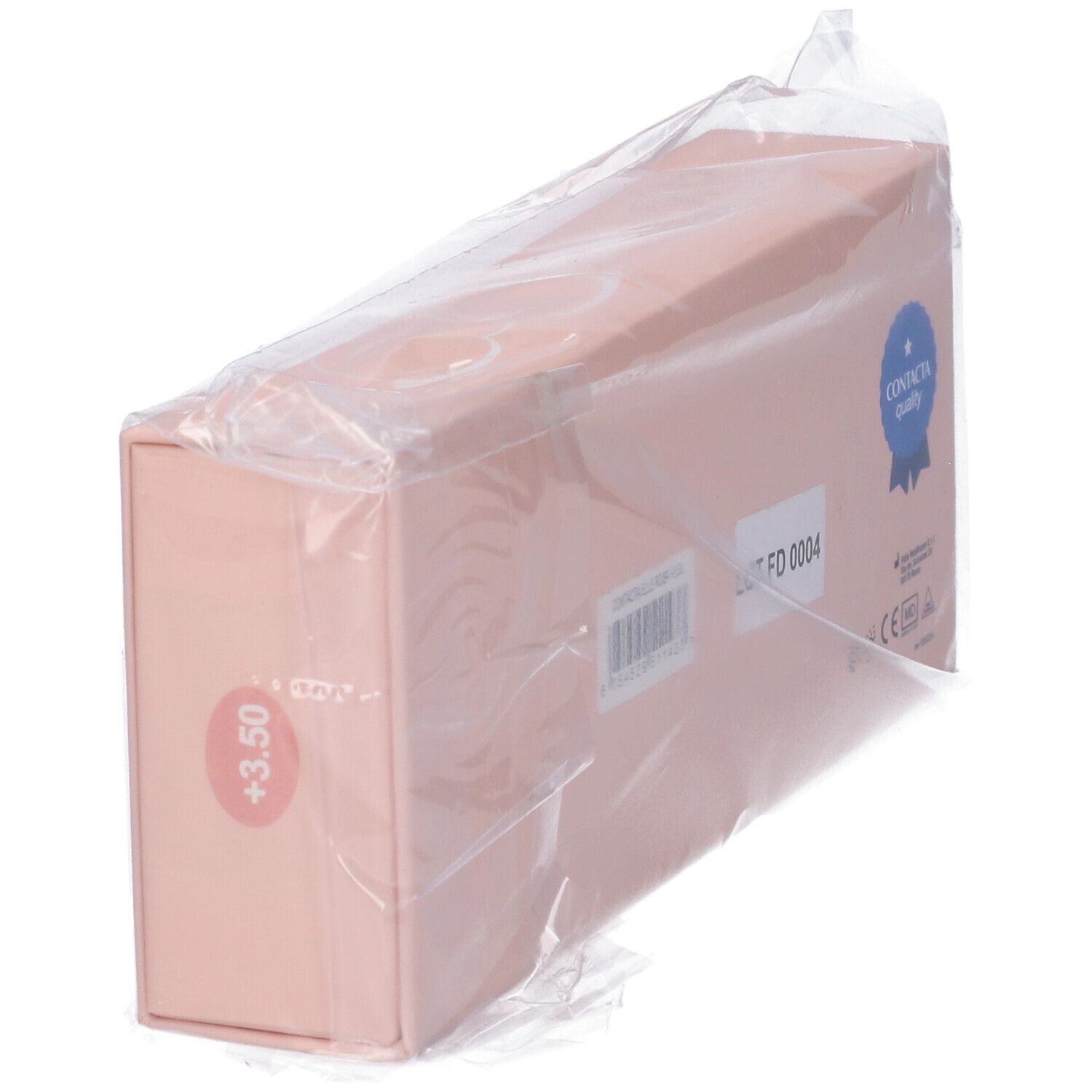 Confezione rosa con adesivo +3,50, etichetta e sigillo "Contacta quality", confezionata.