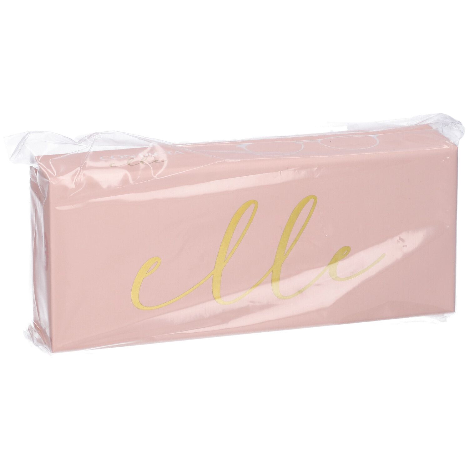 Confezione rettangolare rosa con scritta dorata "elle", confezionata in plastica.