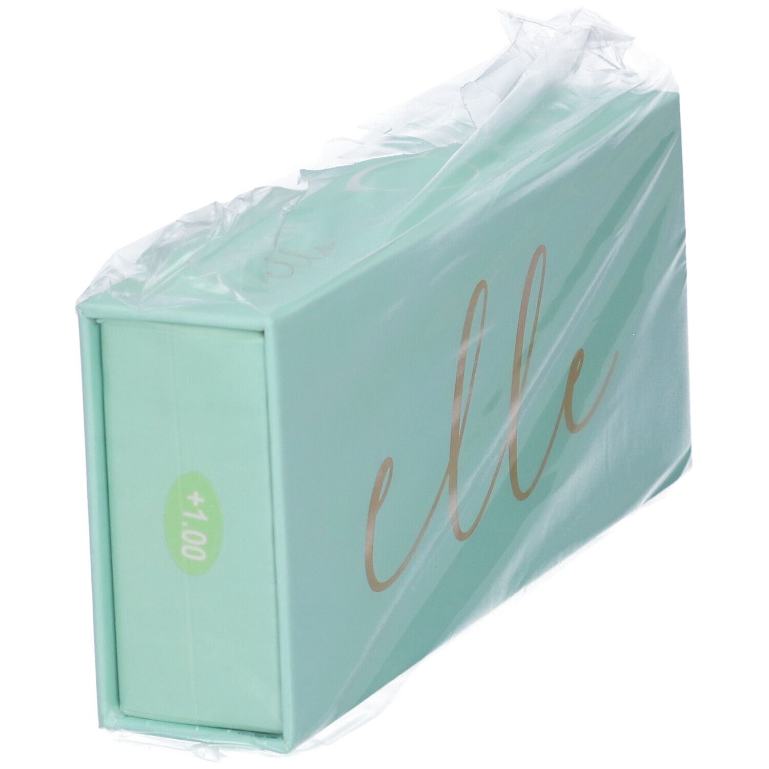 Confezione rettangolare turchese con scritta dorata "elle" e stampa +1,00. Confezionato.