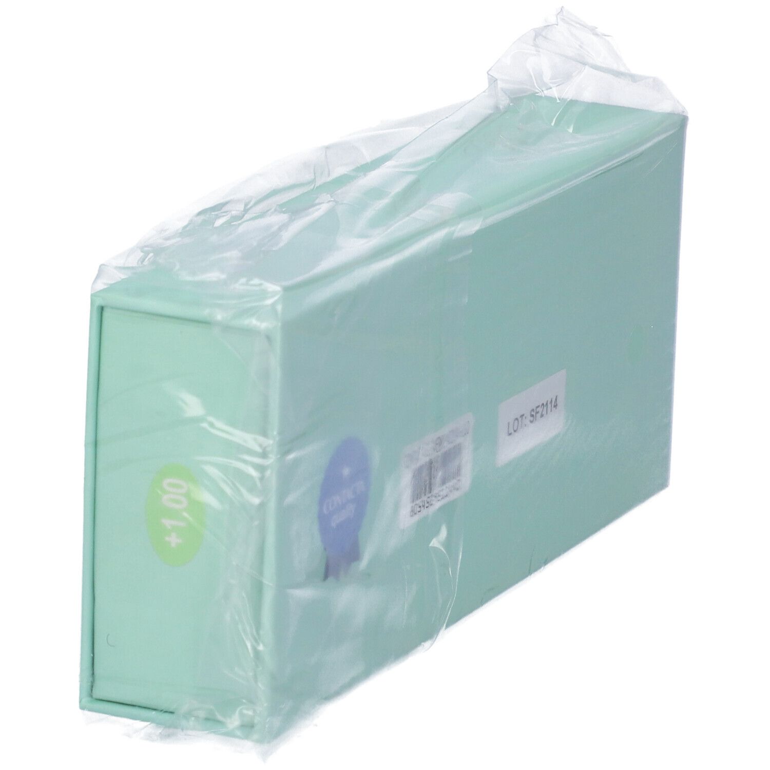Confezione rettangolare turchese con stampa +1,00 ed etichette. Confezionato.