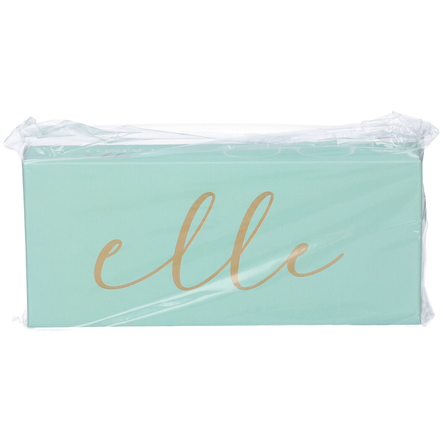 Confezione rettangolare turchese con scritta dorata "elle". Confezionato in plastica.