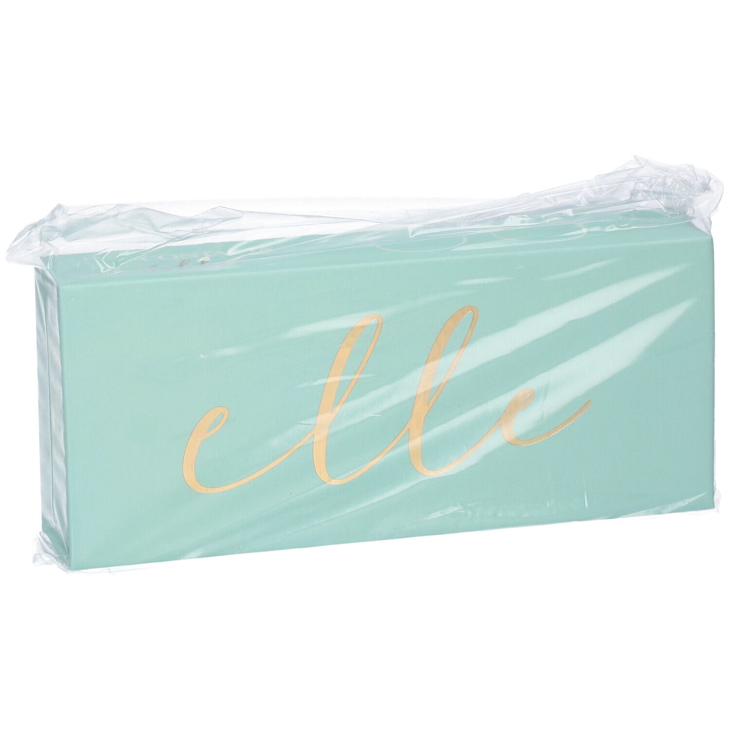 Confezione rettangolare turchese con scritta dorata "elle". Confezionato in plastica.