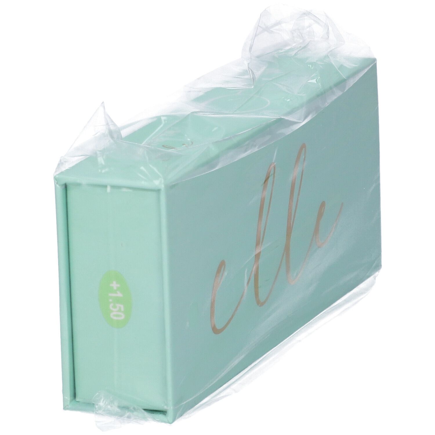 Scatola turchese con scritta +1,50 e "elle" dorato, confezionata in plastica.