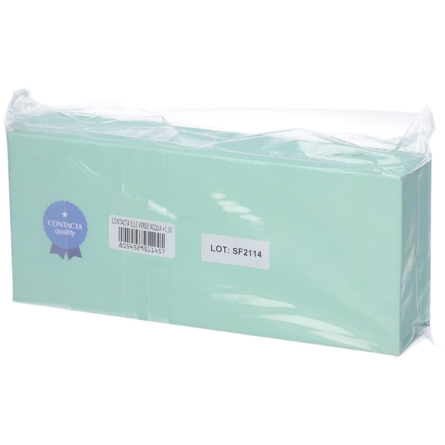 Scatola turchese con etichette, tra cui "CONTACTA Quality" e informazioni prodotto, in plastica.