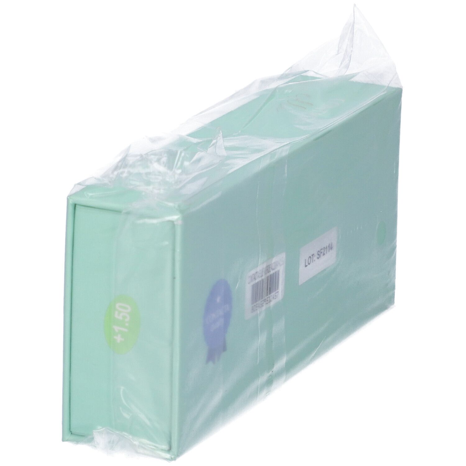 Scatola turchese con scritta +1,50 ed etichette, confezionata in plastica.