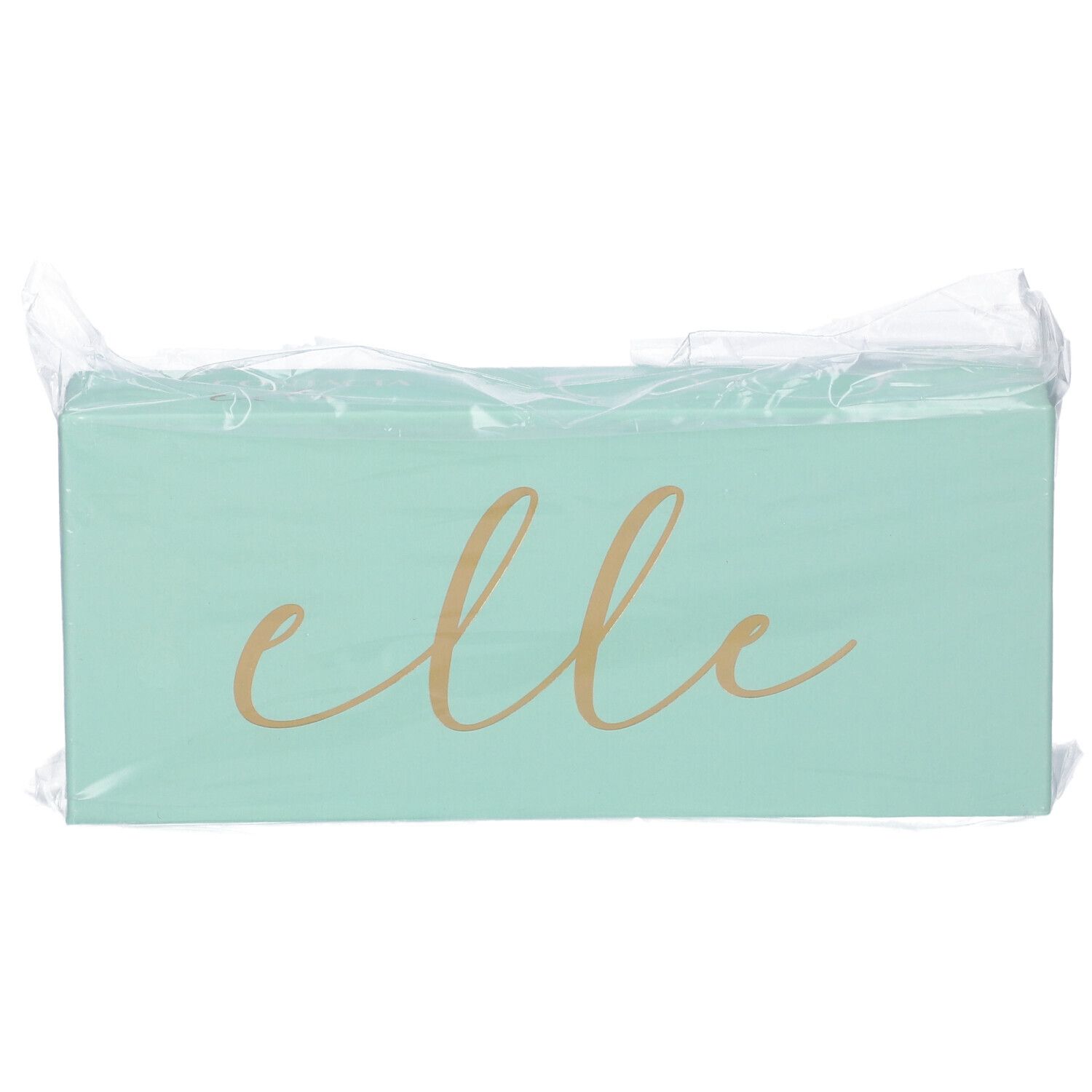 Scatola rettangolare turchese con scritta dorata "elle", confezionata in plastica.