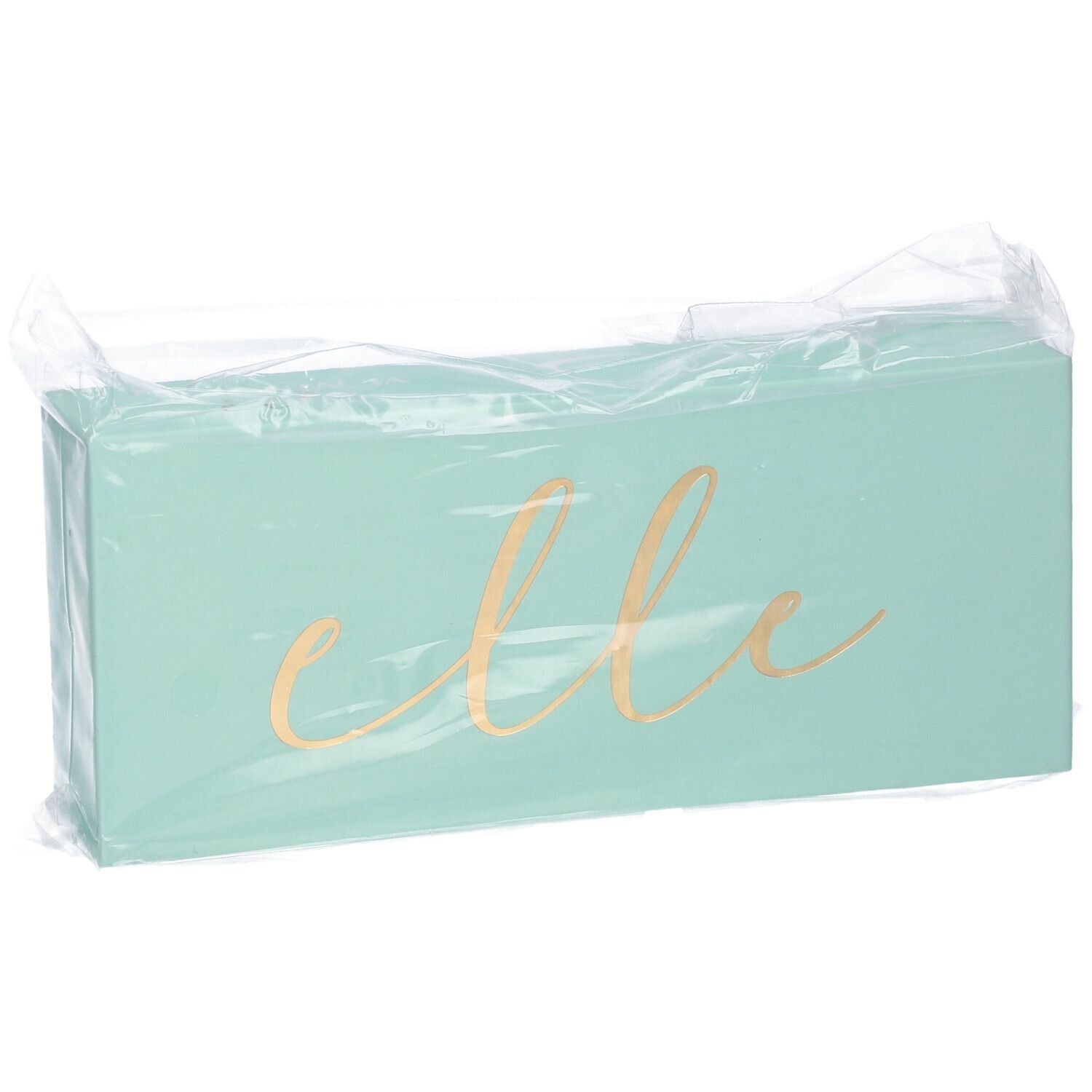 Scatola rettangolare turchese con scritta dorata "elle", confezionata in plastica.