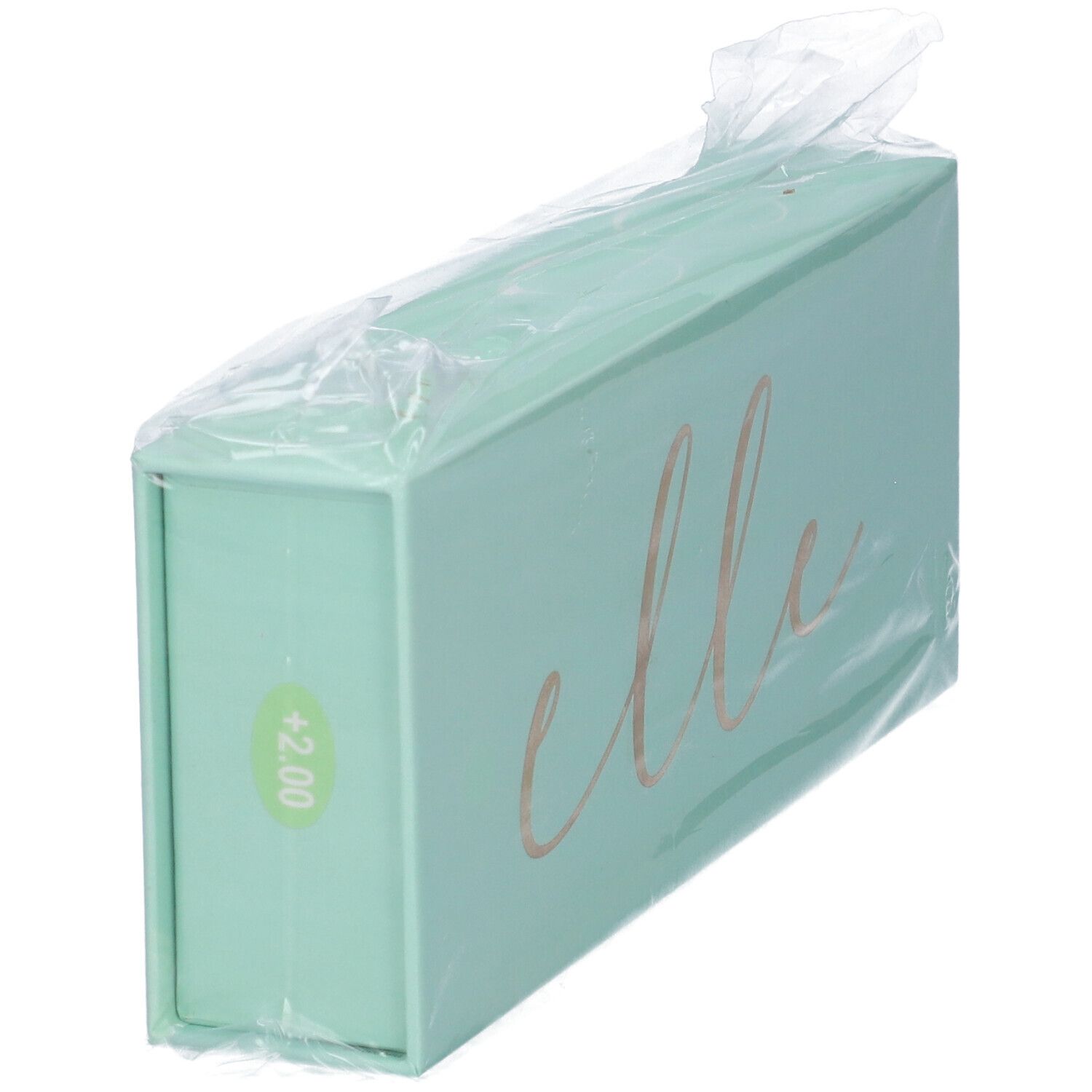 Scatola turchese con scritta dorata "elle" e +2.00. Confezionata in plastica.