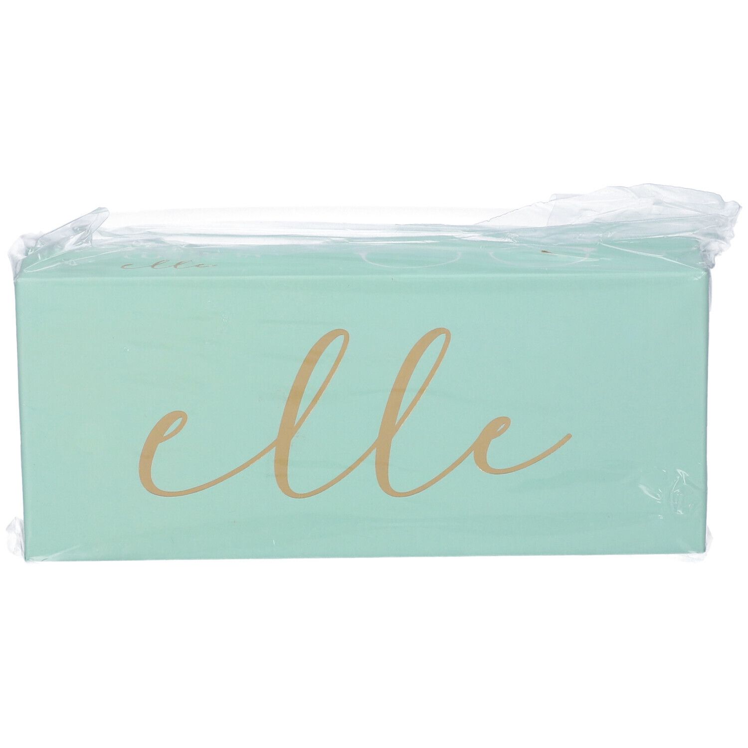 Scatola rettangolare turchese con scritta dorata "elle". Confezionata in plastica.