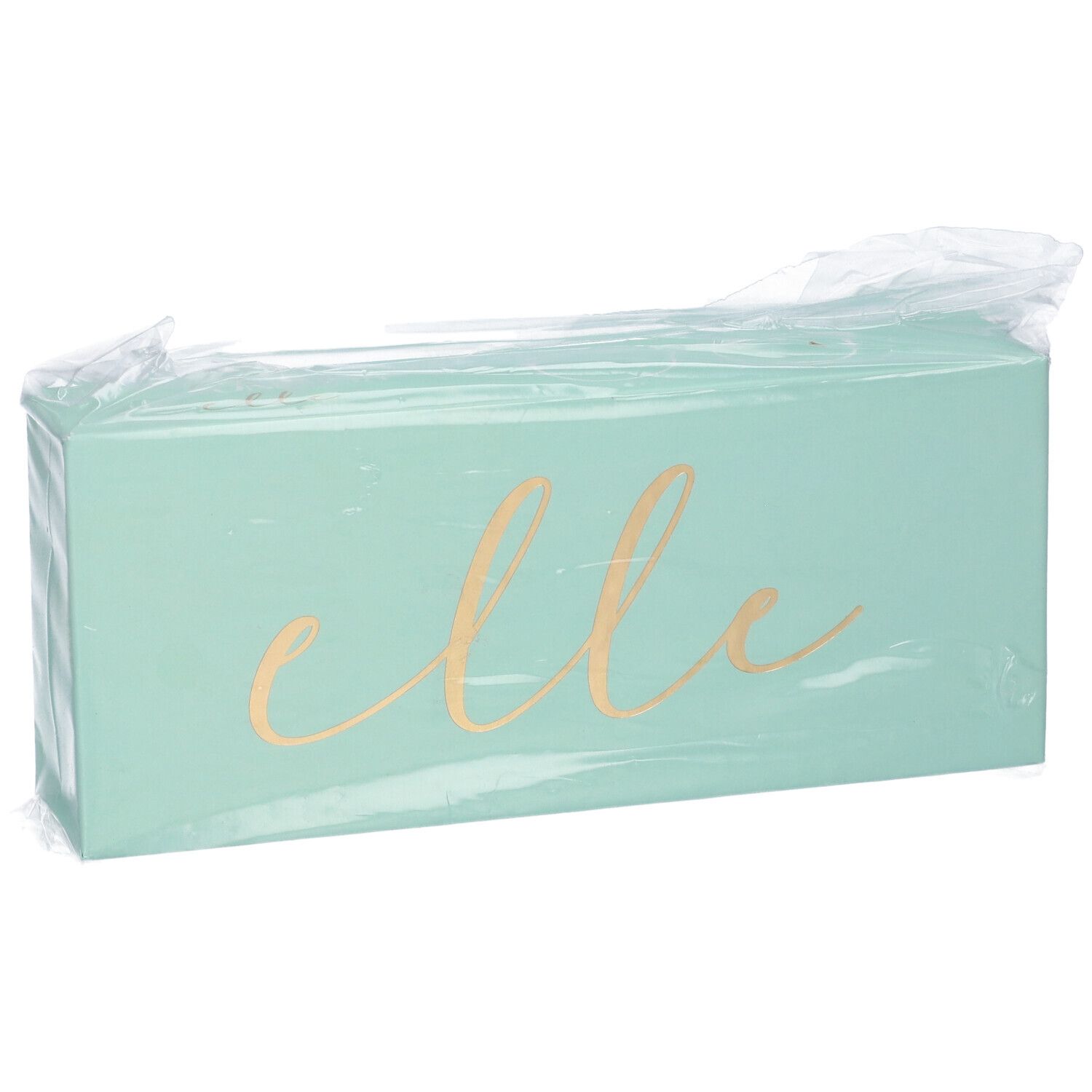 Scatola rettangolare turchese con scritta dorata "elle". Confezionata in plastica.
