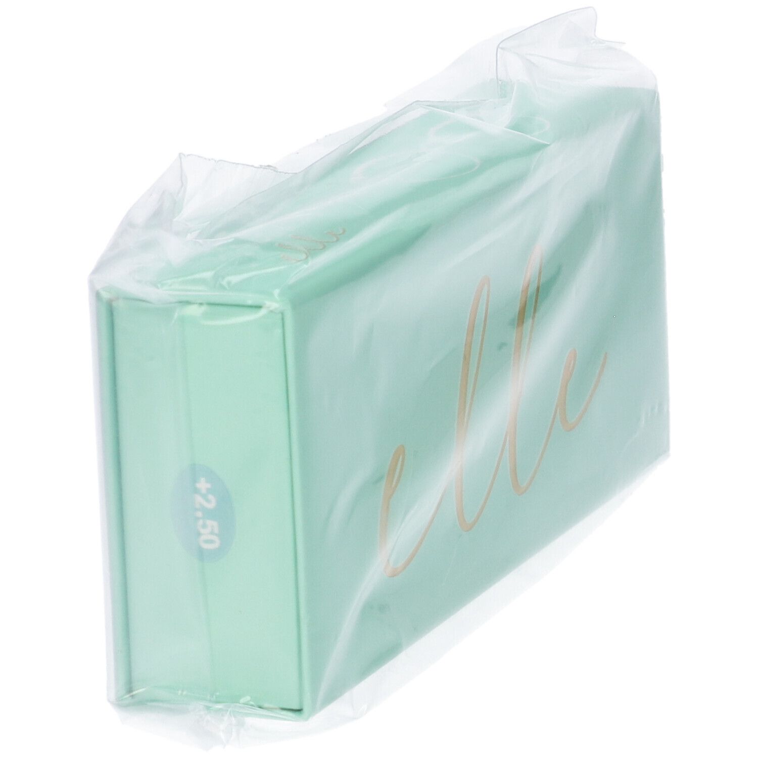 Scatola turchese in plastica. Scritta "+2.50". Scritta dorata "elle".