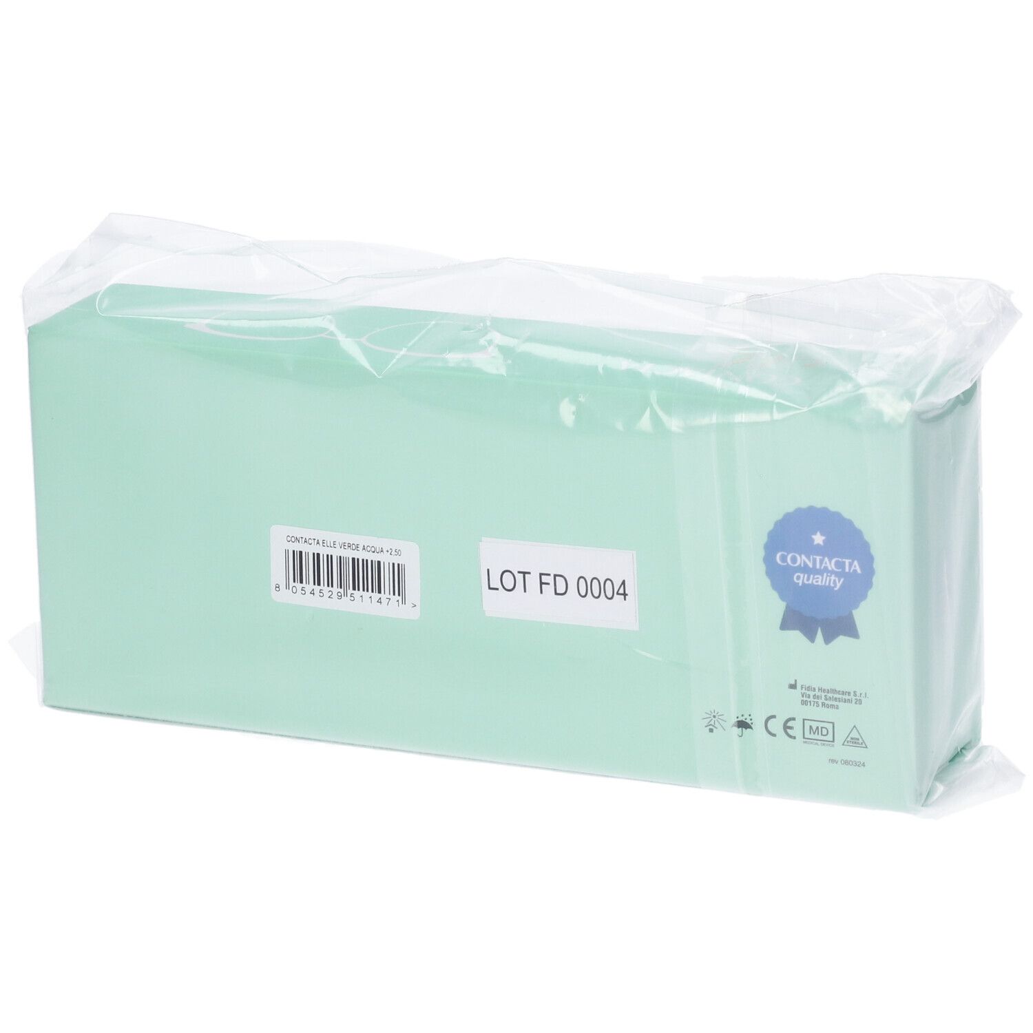 Scatola turchese in plastica. Adesivo con testo e logo. Scritta "LOT FD 0004".