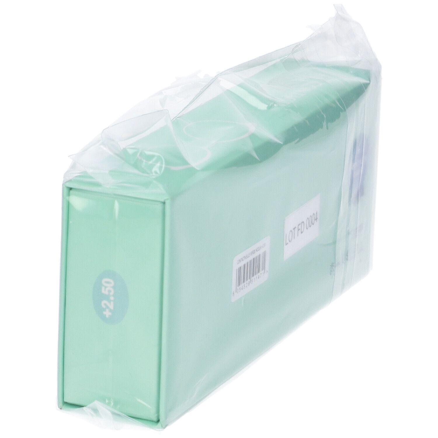 Scatola turchese in plastica. Scritta "+2.50". Adesivo con testo e logo.