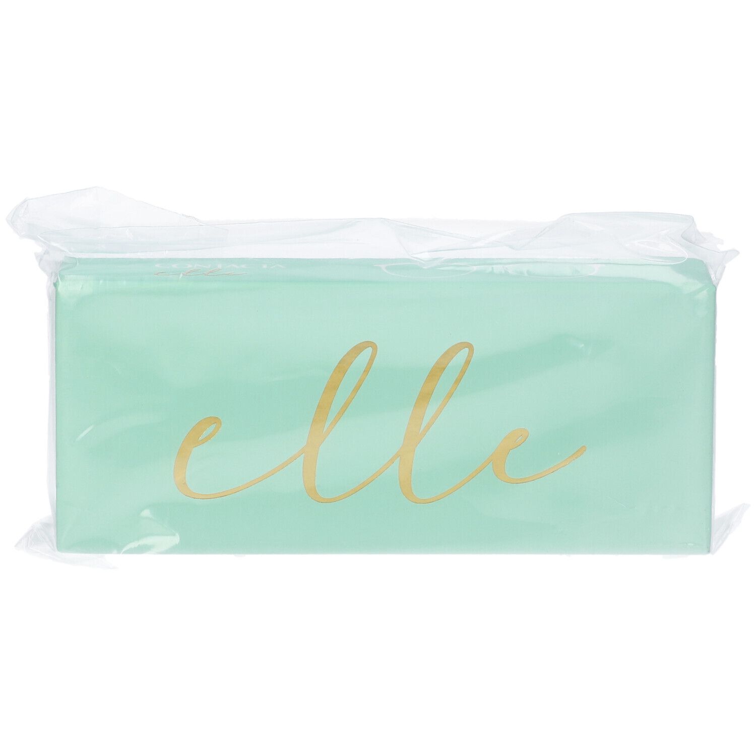 Scatola rettangolare turchese in plastica. Scritta dorata "elle".