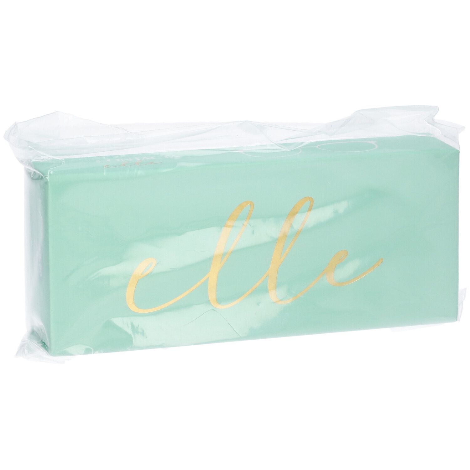 Scatola rettangolare turchese in plastica. Scritta dorata "elle".