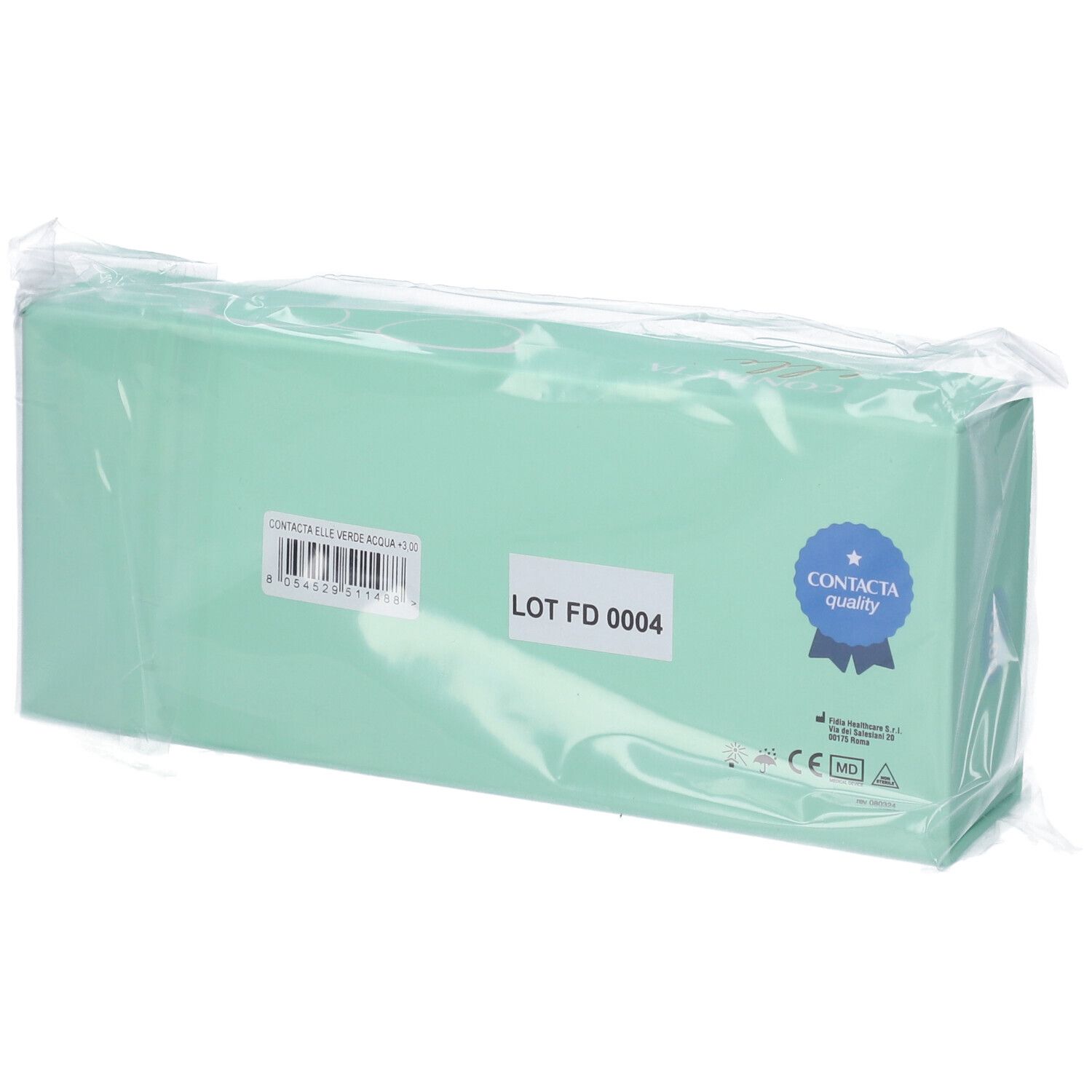 Scatola turchese con etichette e marchio di qualità, confezionata in plastica.