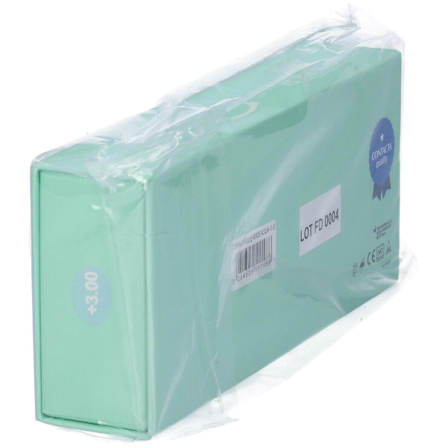Scatola turchese con adesivo +3.00 ed etichette, confezionata in plastica.