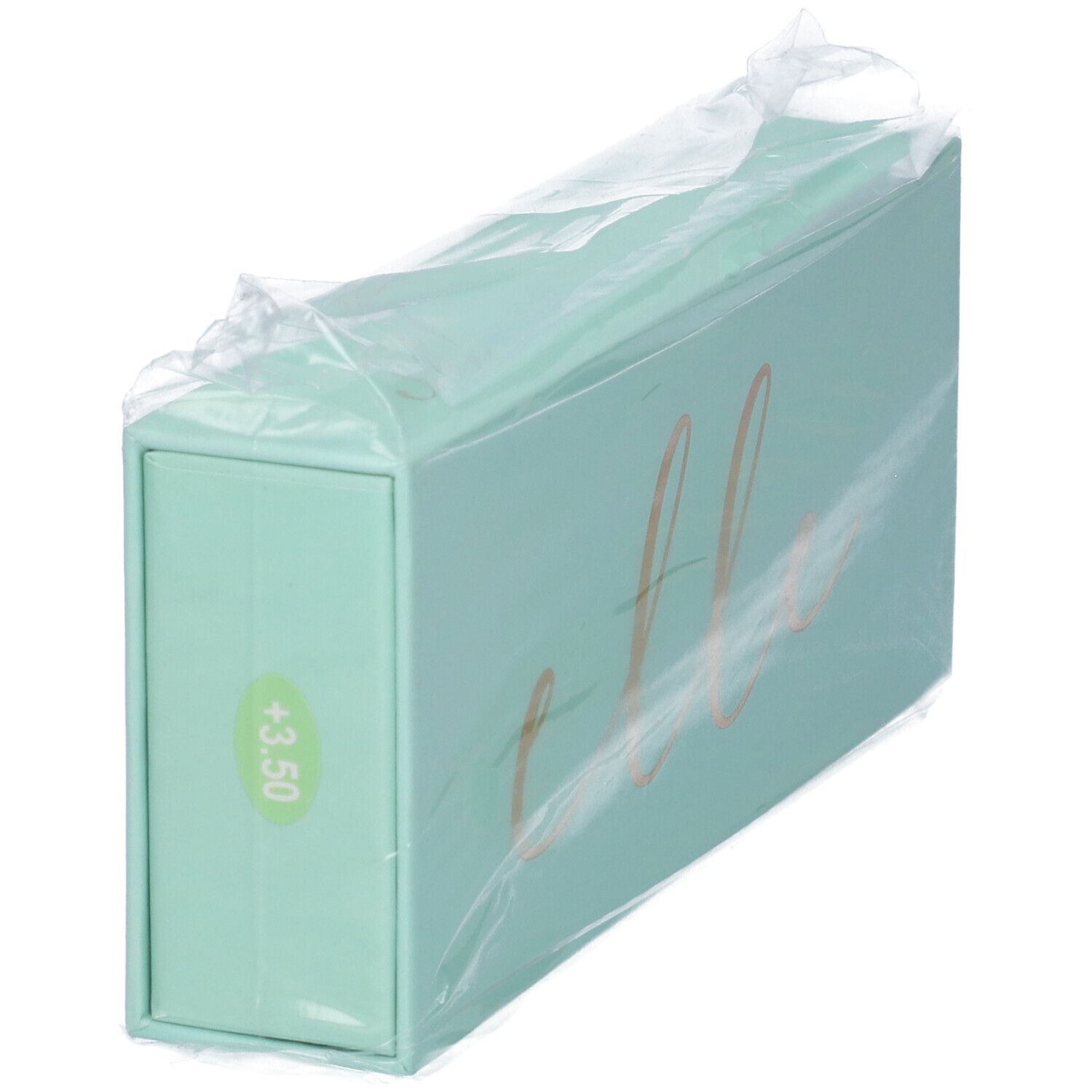 Scatola turchese con stampa +3,50, confezionata in plastica.