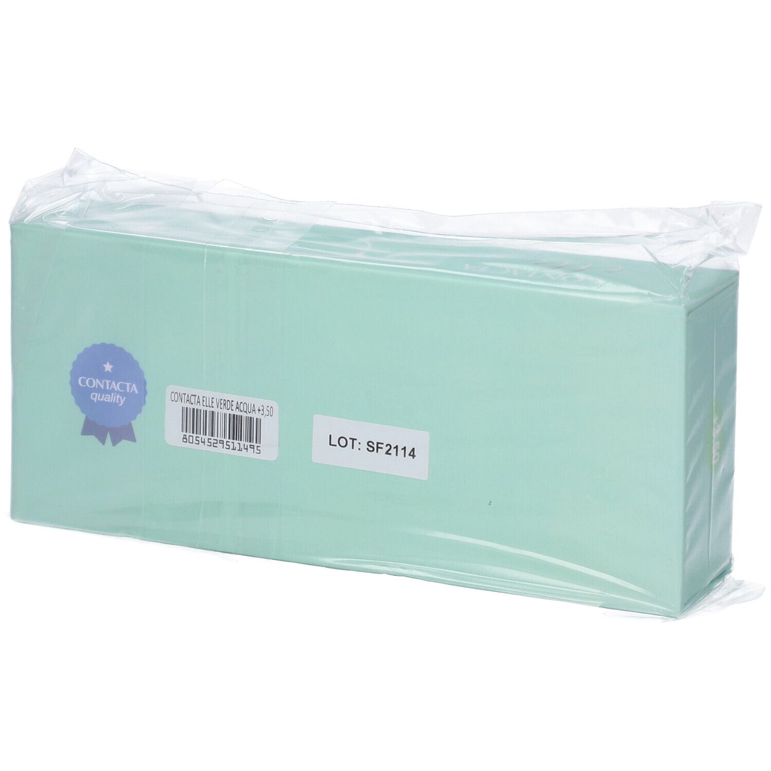 Scatola turchese con etichetta, confezionata. Testo: Contacta, Verde Acqua +3,50.