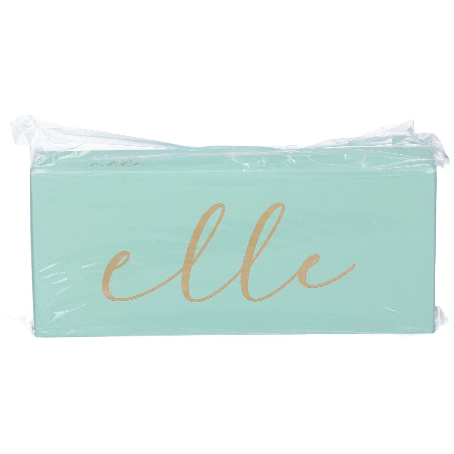 Scatola turchese con scritta dorata "elle", confezionata in plastica.