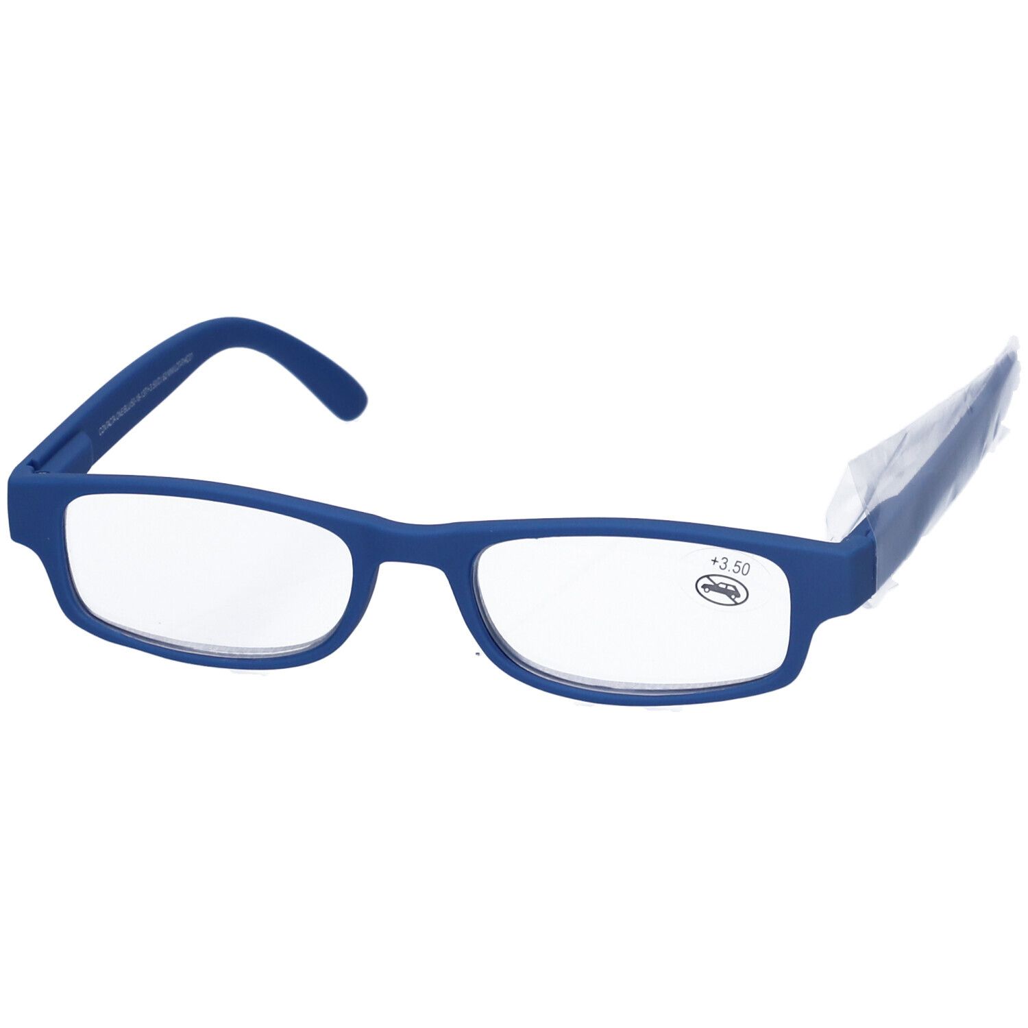 Occhiali blu con lenti rettangolari. Segno sul vetro destro. Confezionato in plastica.