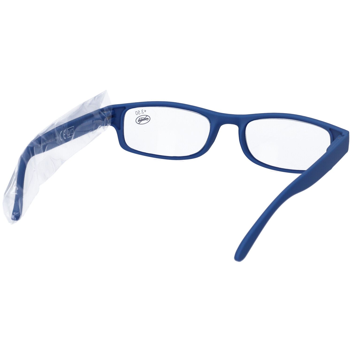 Occhiali blu con lenti rettangolari. Segno sul vetro destro. Confezionato in plastica.