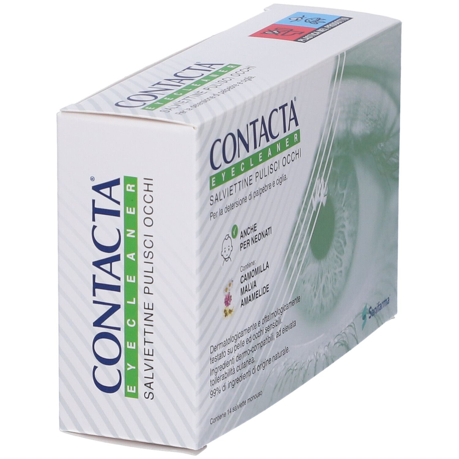 Scatola bianca CONTACTA. Salviettine pulisci occhi. Illustrazione di un occhio.