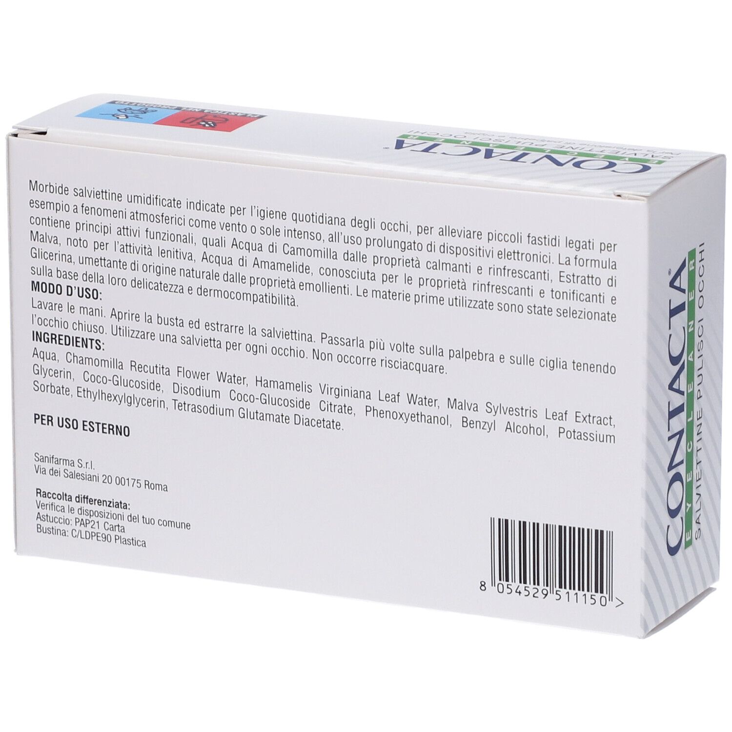 Retro della scatola con informazioni e ingredienti. Testo in italiano.