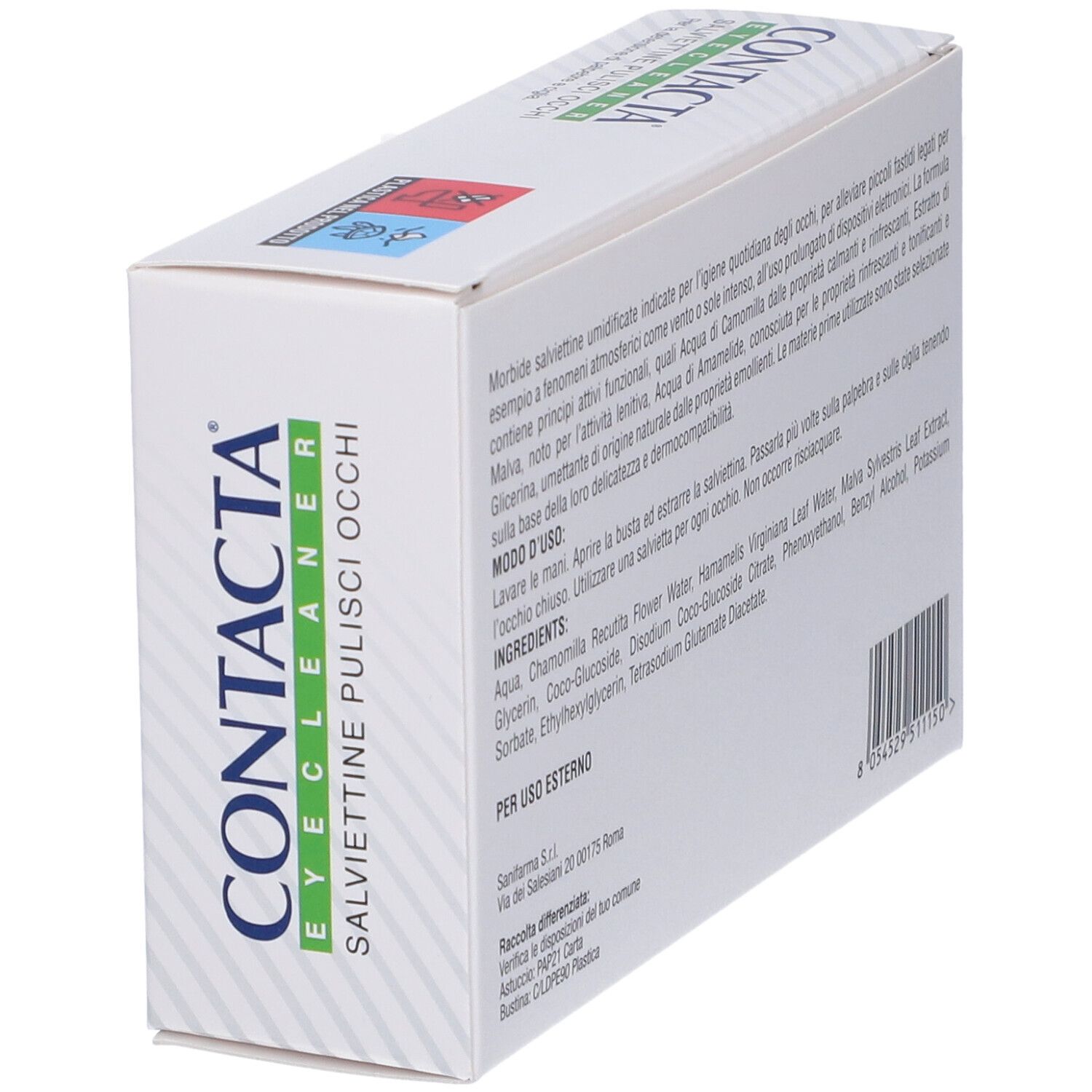 Retro della scatola con informazioni e ingredienti. Testo in italiano.