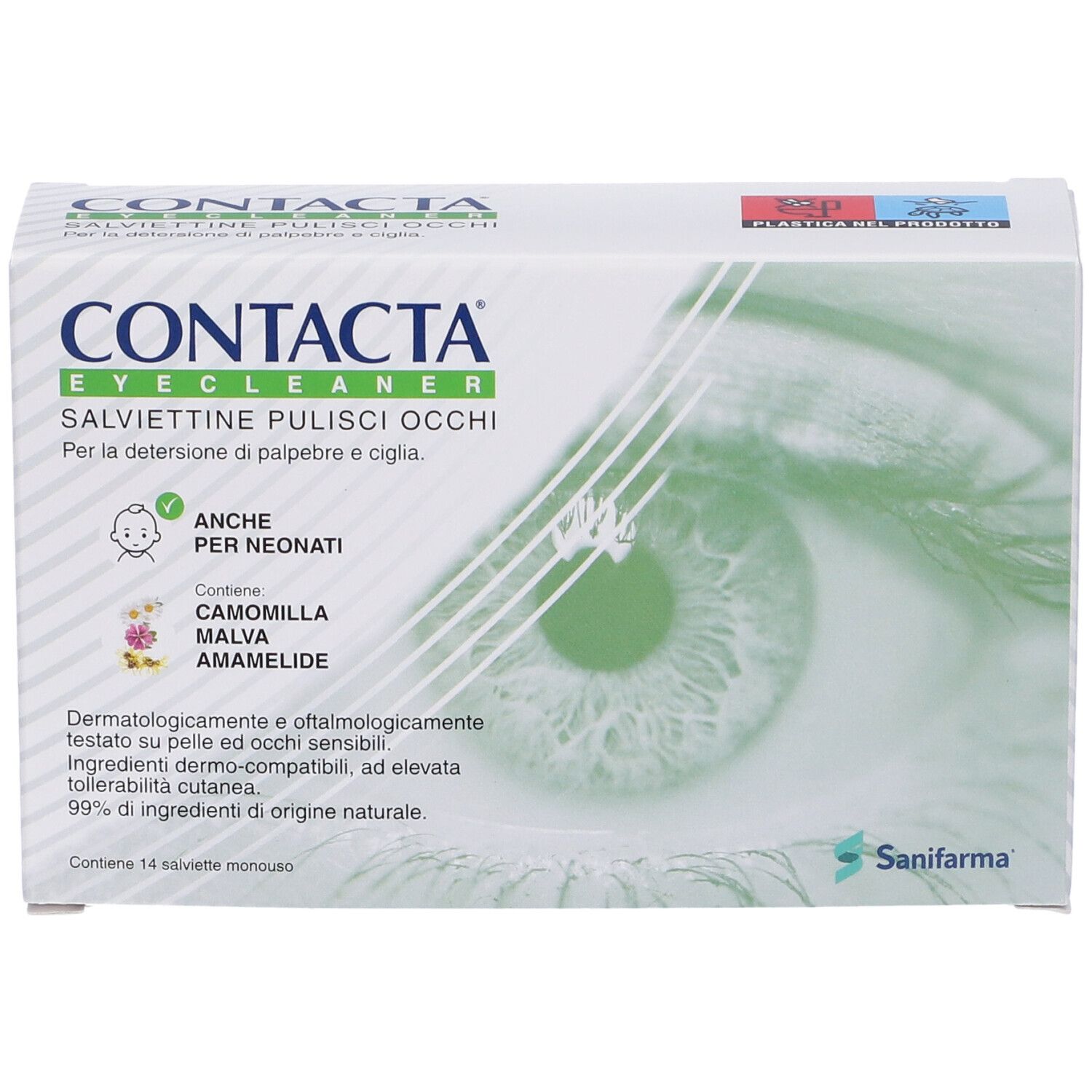 Scatola CONTACTA. Salviettine pulisci occhi. Illustrazione di un occhio.