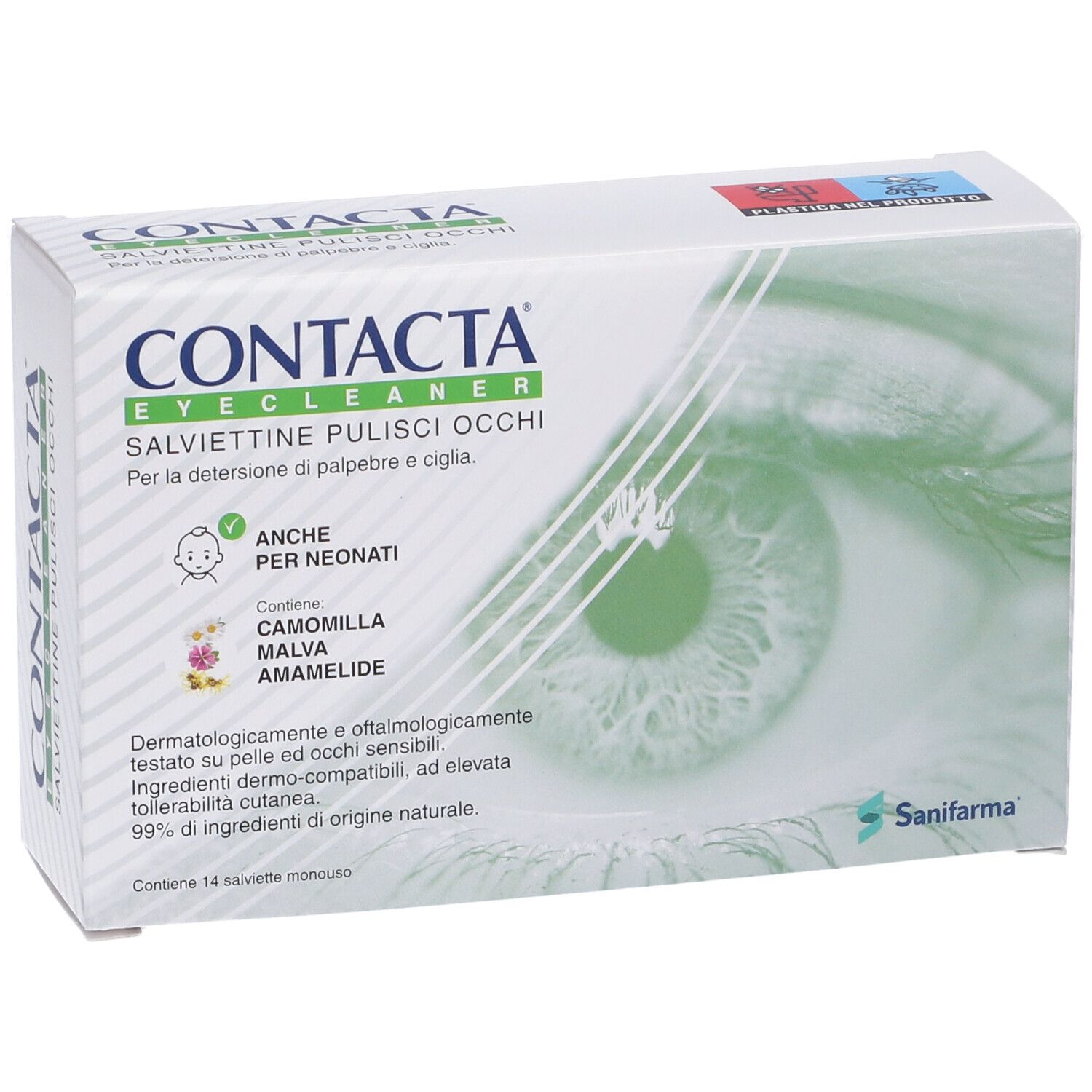 Scatola CONTACTA. Salviettine pulisci occhi. Illustrazione di un occhio.