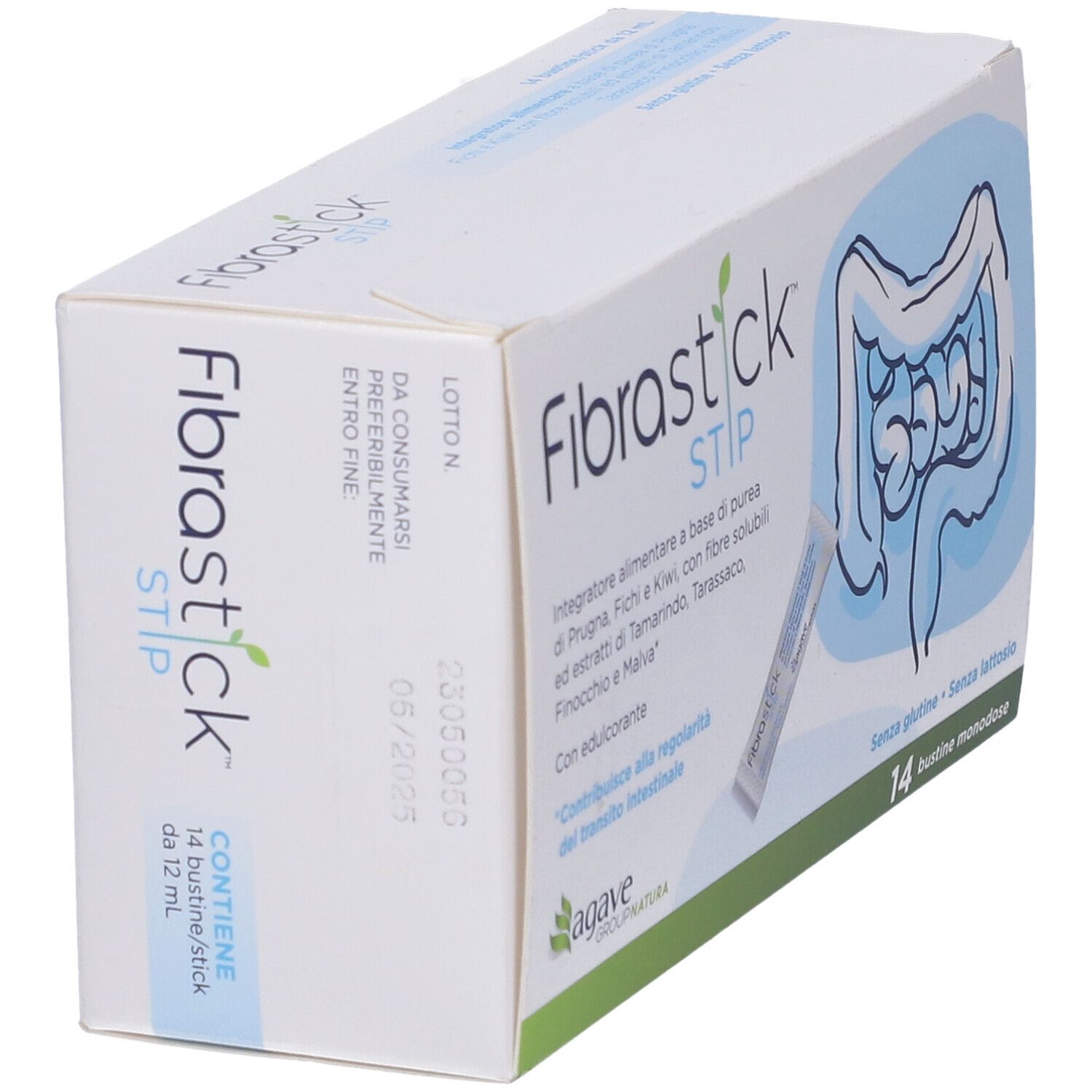 Scatola, vista obliqua dall'alto. Nome prodotto e contenuto: 14 bustine. Data di scadenza.