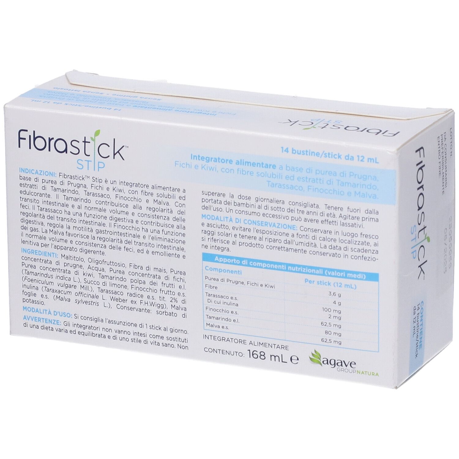 Scatola con informazioni sul prodotto. Contiene ingredienti e valori nutrizionali. 14 bustine.