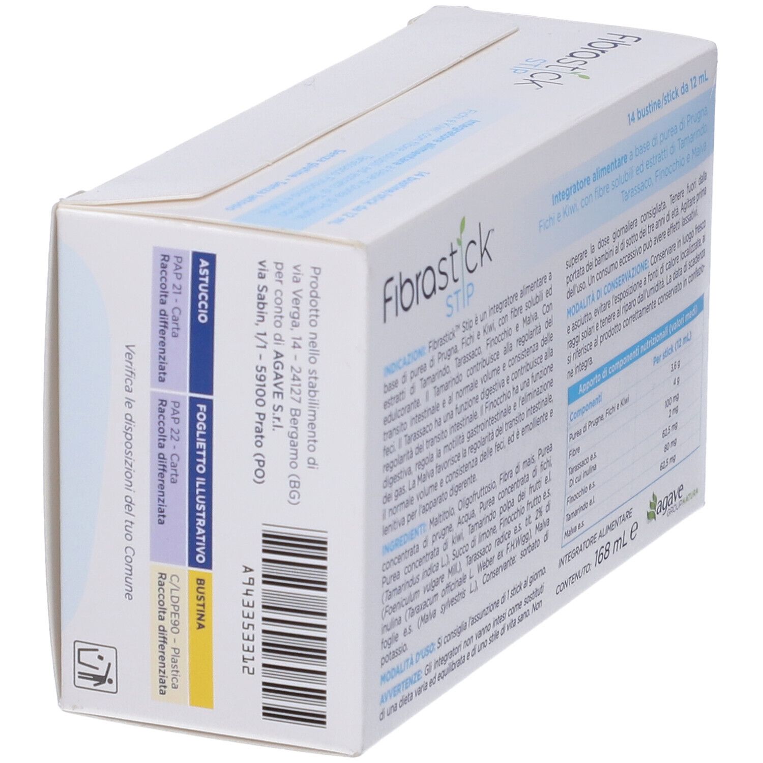 Scatola, retro con informazioni. Dati di contatto e informazioni sullo smaltimento. 14 bustine.