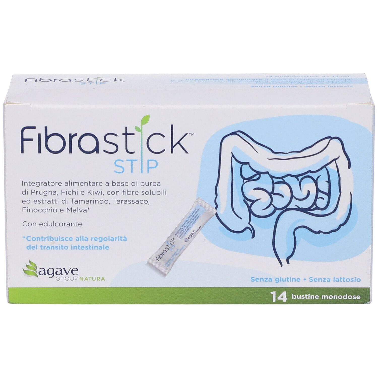 Scatola con nome prodotto e disegno dell'intestino. 14 bustine. Senza glutine e lattosio.