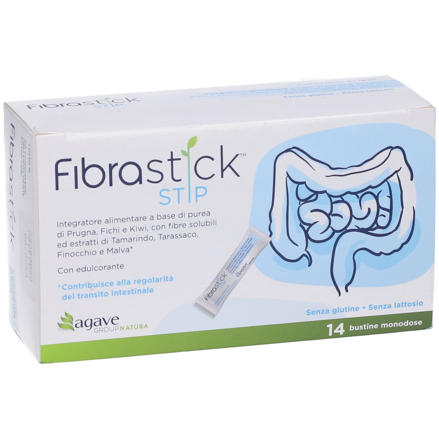 Scatola con nome prodotto e disegno dell'intestino. 14 bustine. Senza glutine e lattosio.