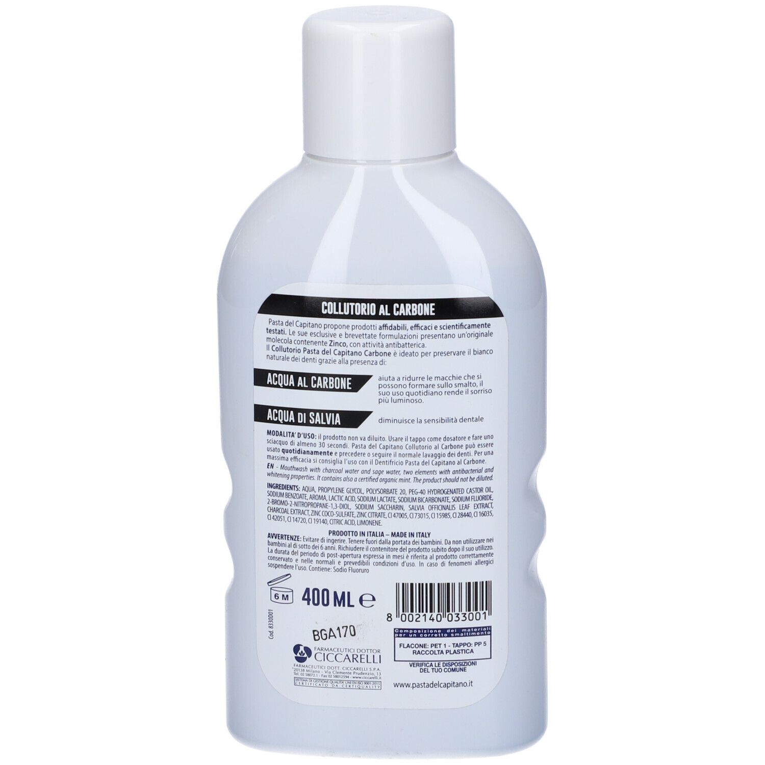 Retro di un flacone bianco. Informazioni testuali su ingredienti e utilizzo. Visibili "Collutorio al Carbone" e "400 ml".