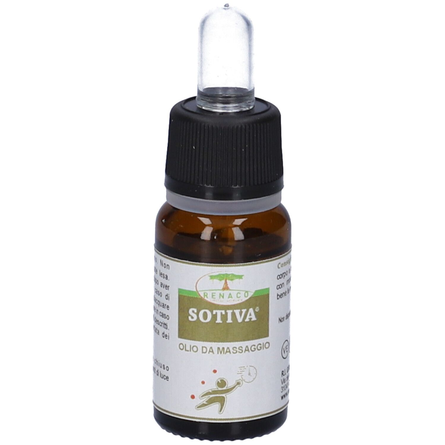 Flacone di vetro marrone con tappo nero e pipetta. Scritta: SOTIVA, Olio da Massaggio.