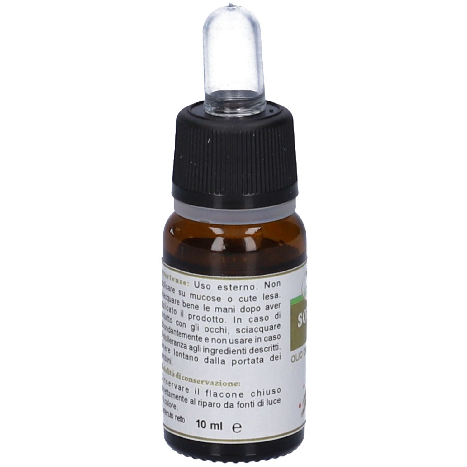 Flacone di vetro marrone con tappo nero e pipetta. Scritta: SOTIVA, Olio da Massaggio. Testo sull'etichetta.